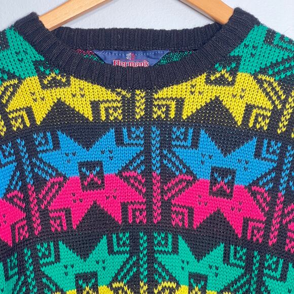 Vintage 80s Hermans Ski Sweater Rainbow Neon Geometric Fair Isle Size Medium - Picture 3 of 8